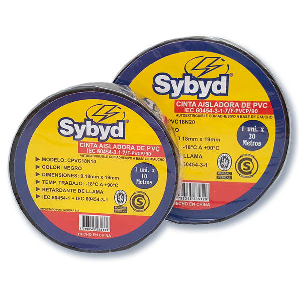 Cinta Aisladora Premium SYBYD Autoextinguible PVC 10 Metros 0.18x19mm CPVC18N10