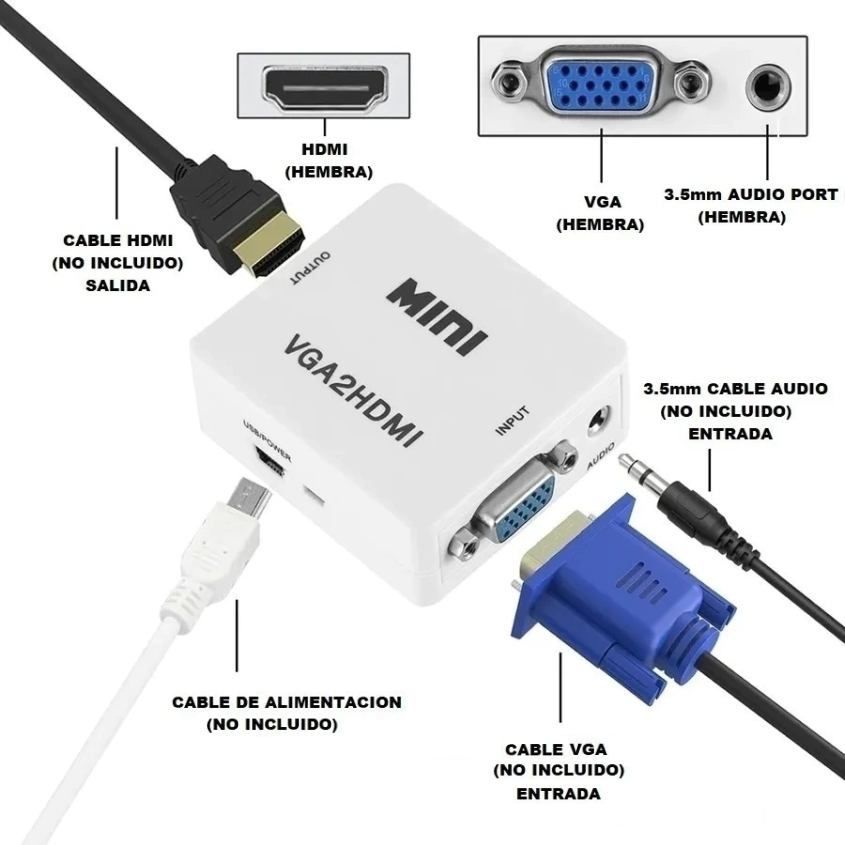 Adaptador VGA a HDMI H c/ audio y power Intco 09-031B