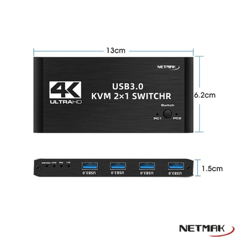 Switch KVM 2 Puertos HDMI Usb 4K Netmak NM-KVM2