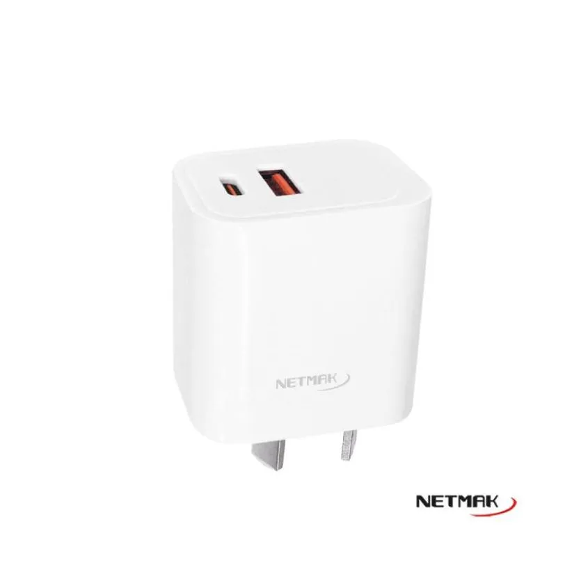 Cargador doble QC Usb + PD Usb-C 20W Blanco Netmak