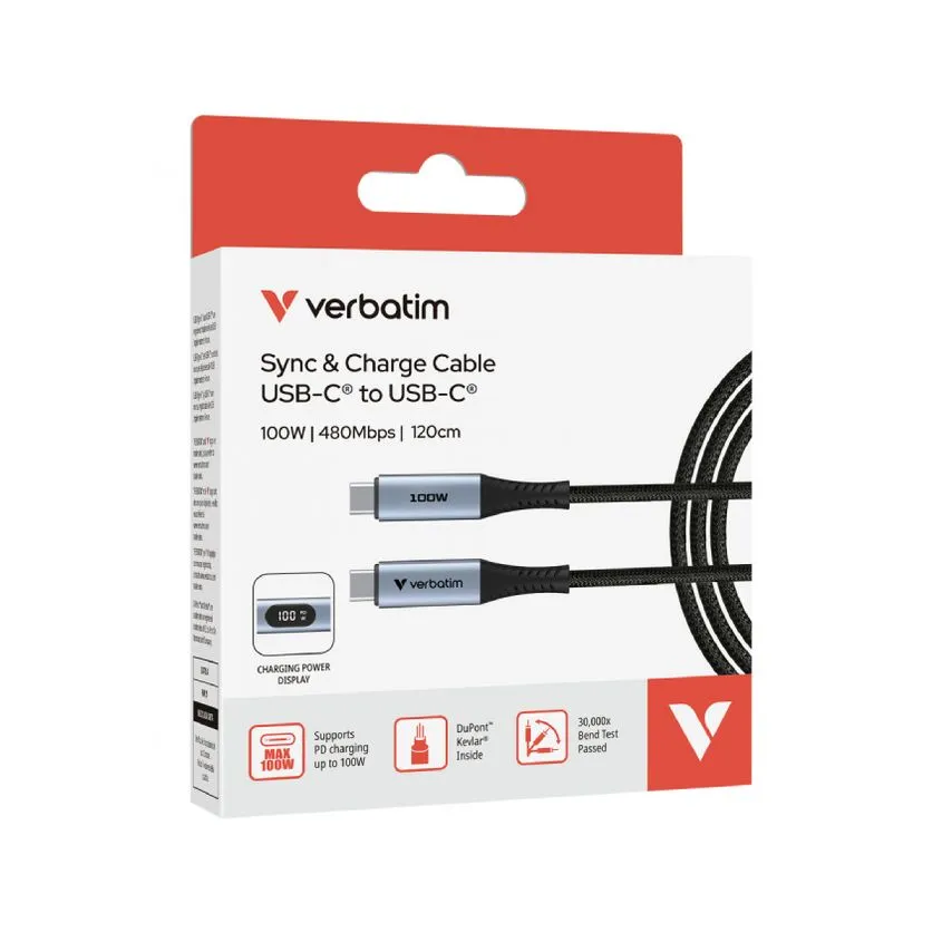 Cable Verbatim 100w Display tipo C a USB-C Kevlar 120cm Negro V31848