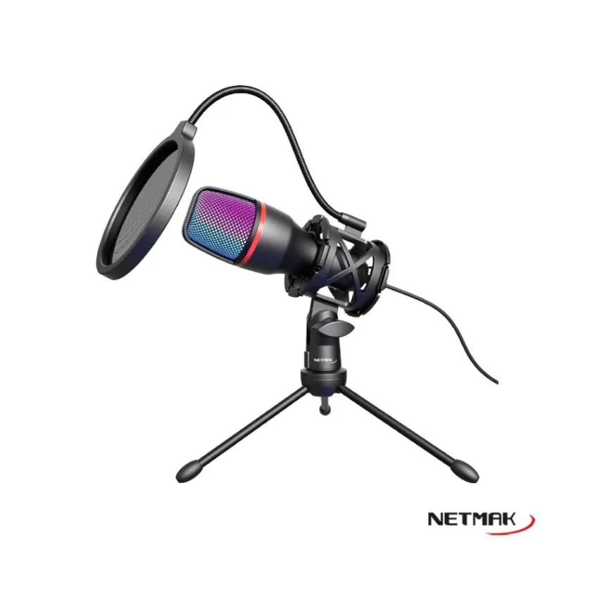 Microfono RGB Streaming USB - Incluye tripode Netmak NM-MS786