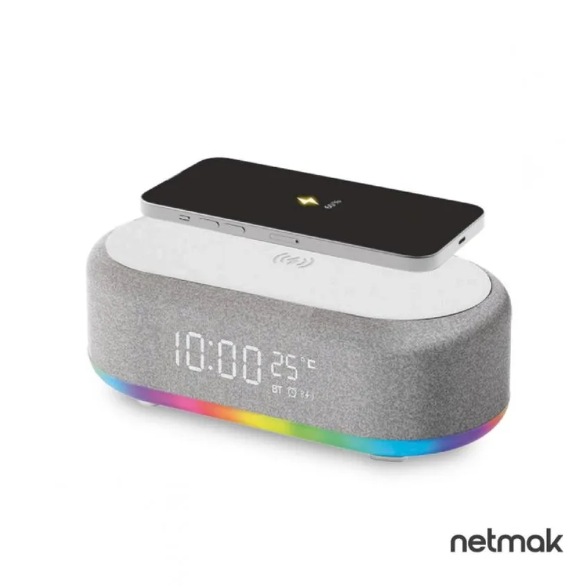 Reloj despertador c/ Parlante + Carga Inalambrica RGB Netmak NM-RD12