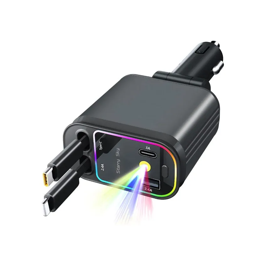 Cargador p/ Auto 4en1 66W c/ Proyector Usb-C Lightning Retractil NM-UCC9