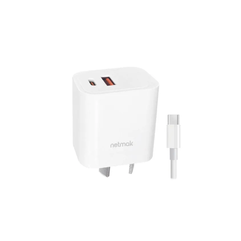 Cargador  QC3.0 20W + USB-C PD 20W Carga Rapida c/ cable Tipo C Netmak