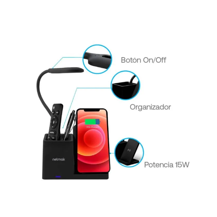 Lampara LED Carga Inalambrica 15W Soporte Celular Netmak NM-CL15