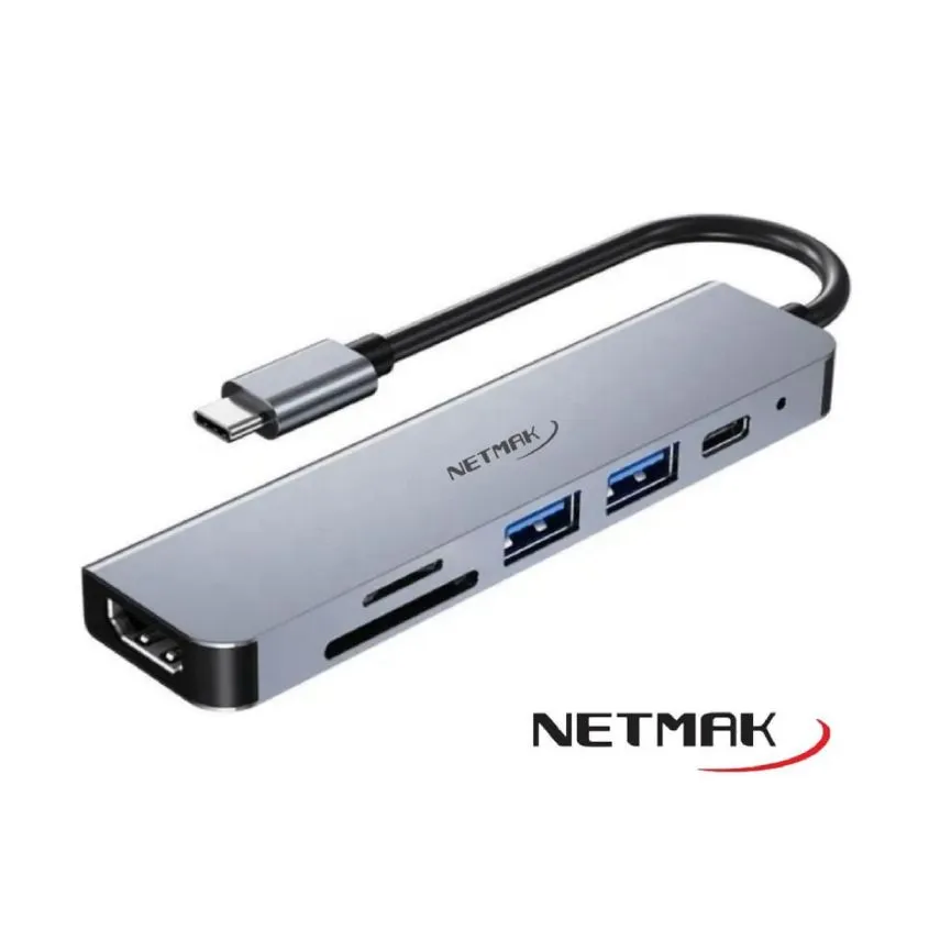 Adaptador 6 en 1 Tipo-C a (HDMI+TF+SD+USB2.0+USB3.0 +USB-C PD) Netmak N