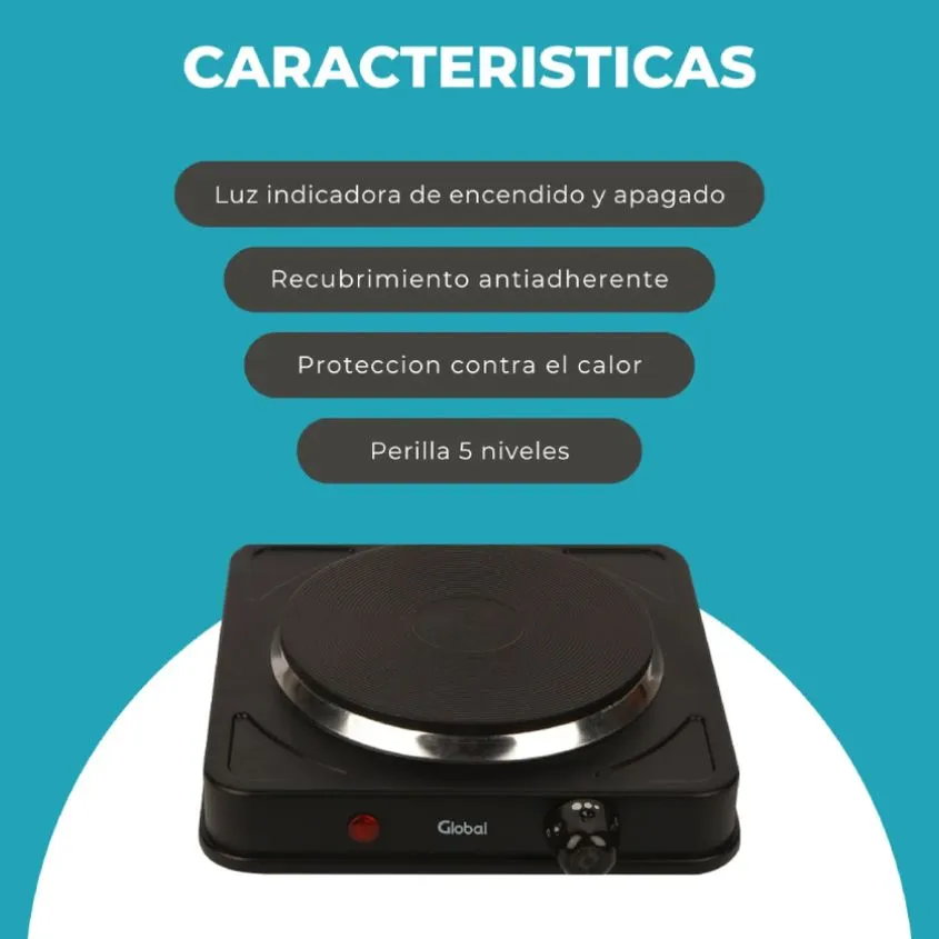 Anafe Electrico de Metal 1 Hornalla 1000W Global STOVE-E1B