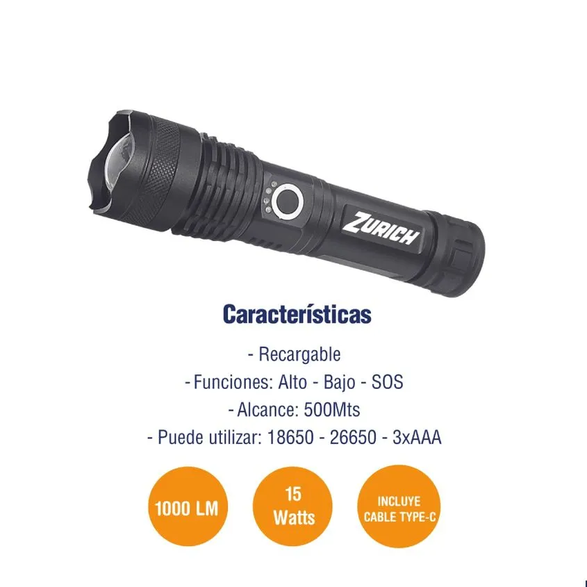 Linterna Tactica 15W 1000 Lumens Zurich 500 Metros E907415