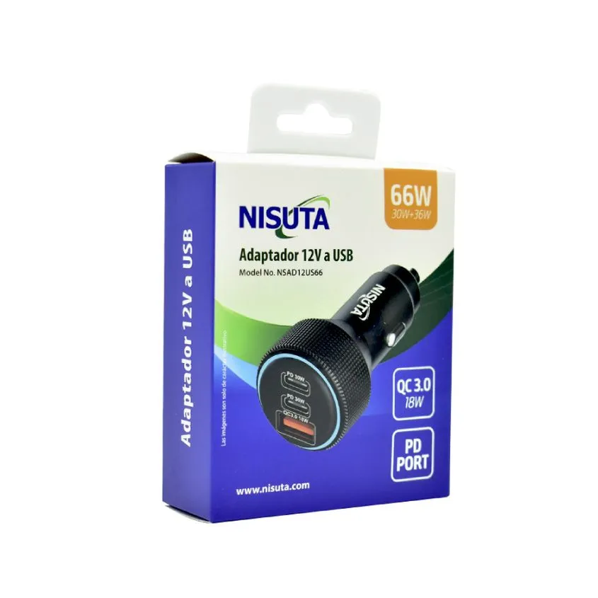 Cargador USB x1 - Tipo C x2 Triple Auto PD QC 66W Nisuta NSAD12US66