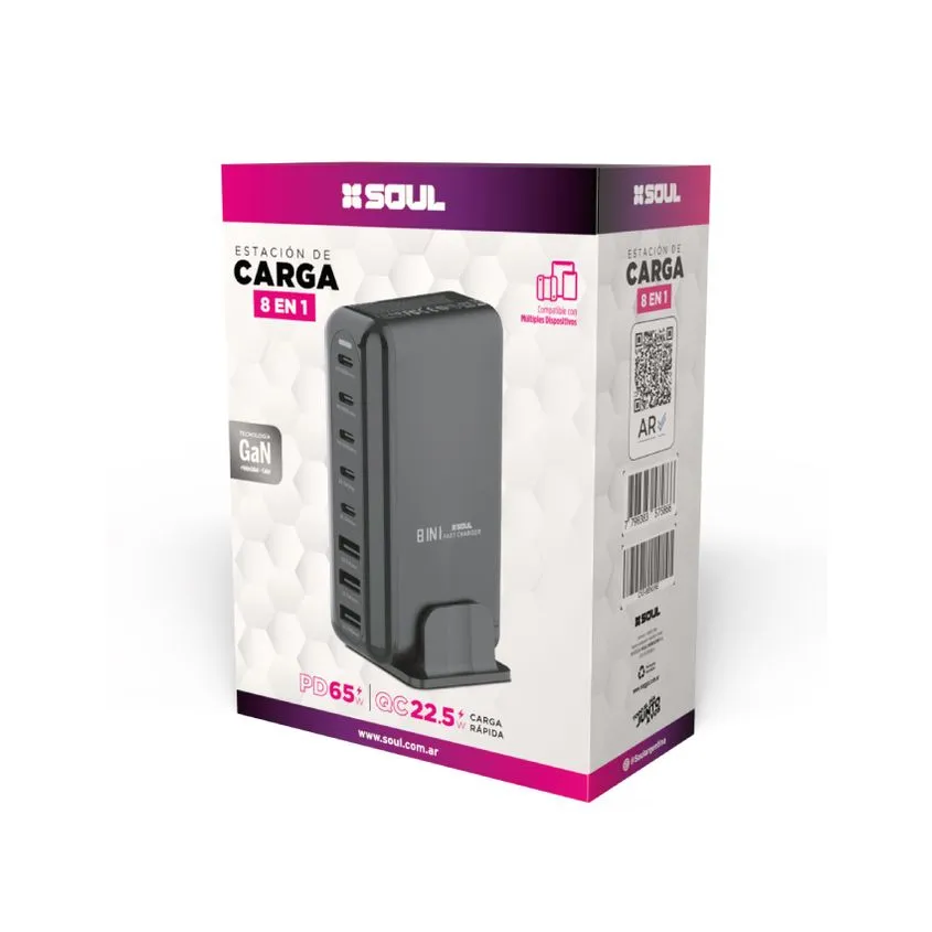 Estacion de Carga NEGRO 8 en 1 60W+22.5W Usb-C x5 Usb-A x3  Soul