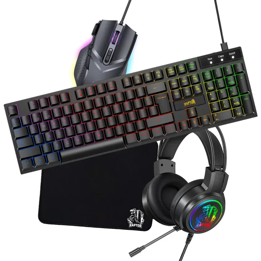 Combo Gamer Raptor Teclado 104 Teclas + Mouse Rgb 7200dpi + Mouse Pad S + Auricular 3.5 1-0418534