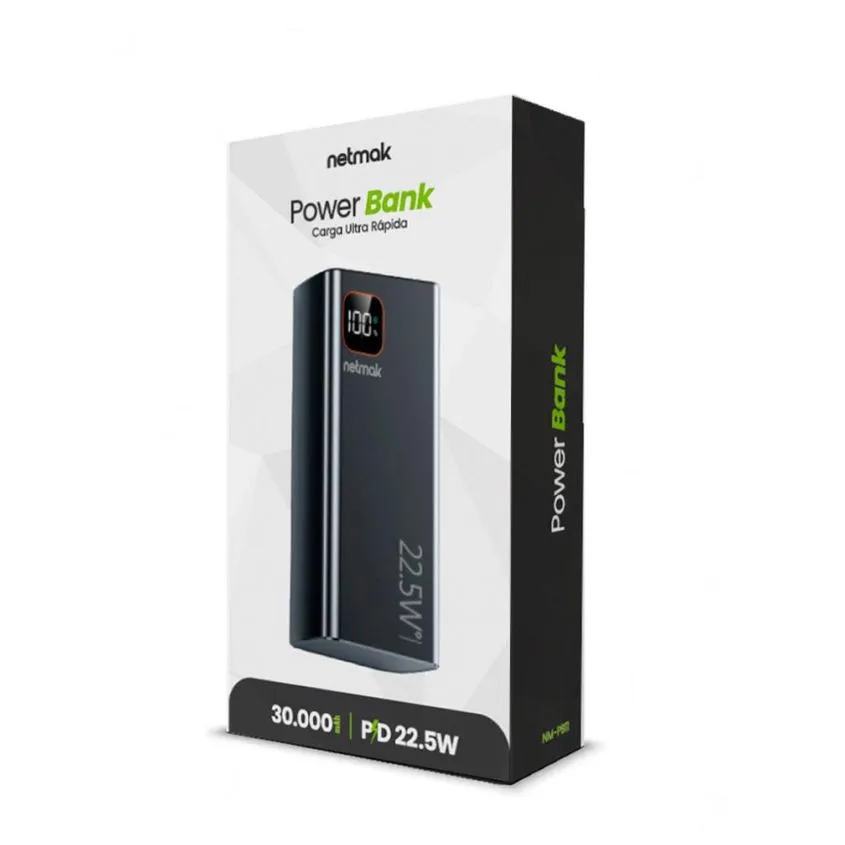 Power Bank 22.5w Carga Rapida 30.000 mAh c/Display Digital Netmak NM-PB11